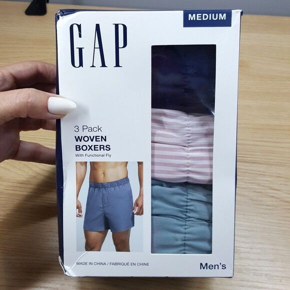 GAP Woven Boxer Shorts Mens Medium Blue Navy Pink Stripe 3-Pack Functional Fly - Picture 1 of 4